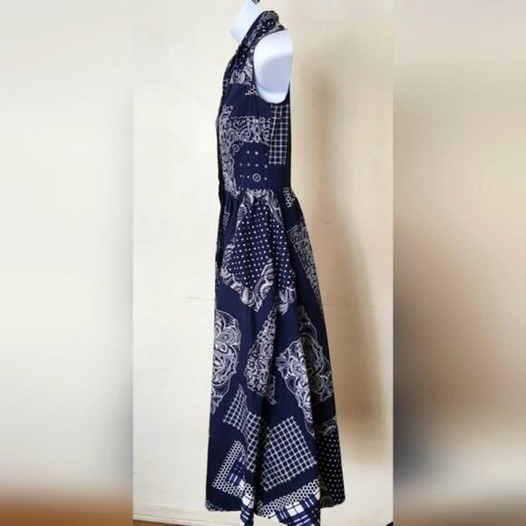 ISAAC MIZRAHI Navy Blue White Multi Print Sleeveless A-line Maxi Summer Dress XS - Picture 3 of 9